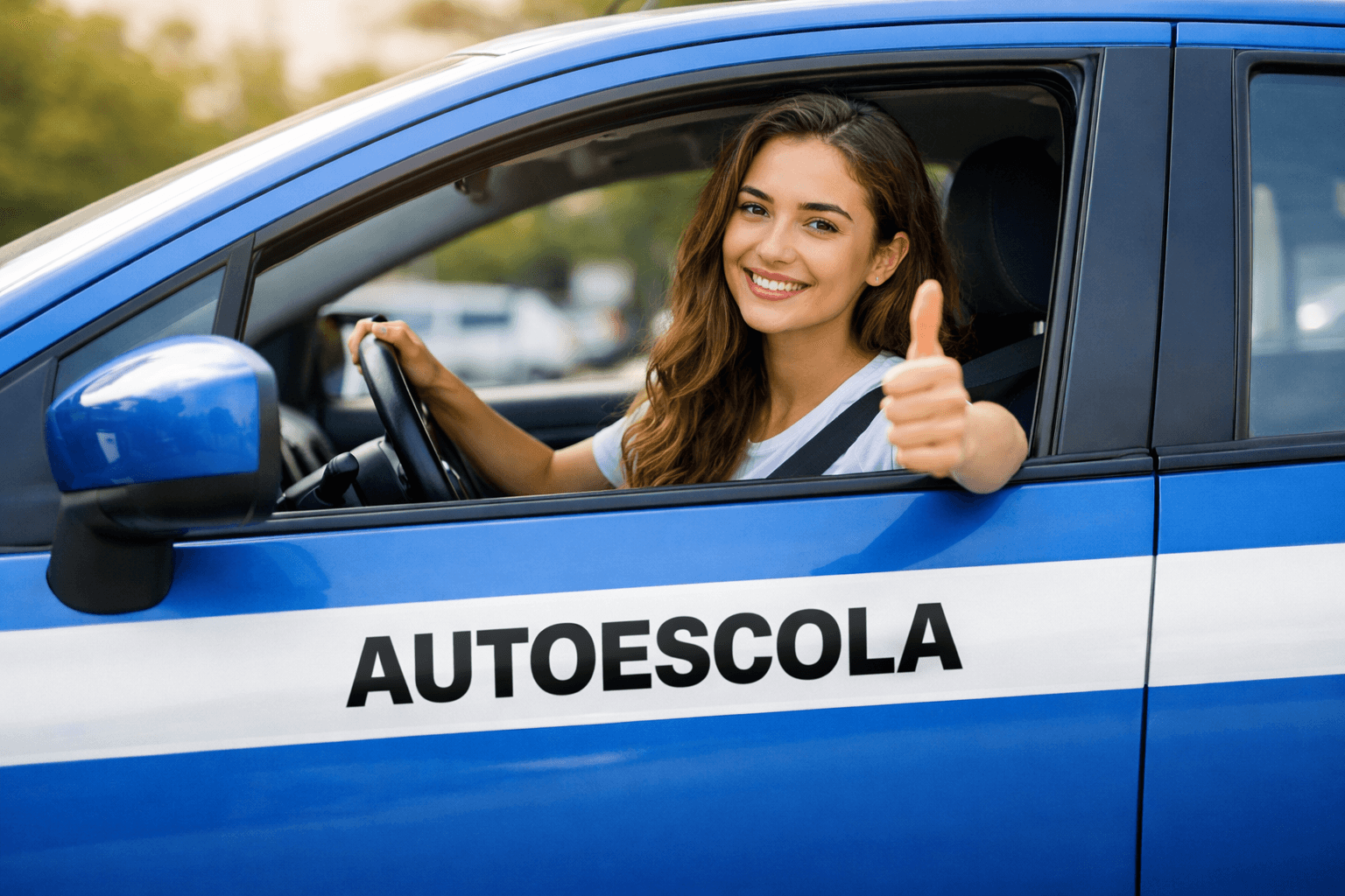 Mulher em carro de autoescola com faixa branca e escrita AUTOESCOLA – processo de habilitação CNH 2026